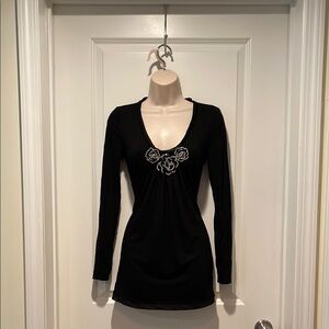 White House Black Market Black Embellished Fitted Blouse Sz XS